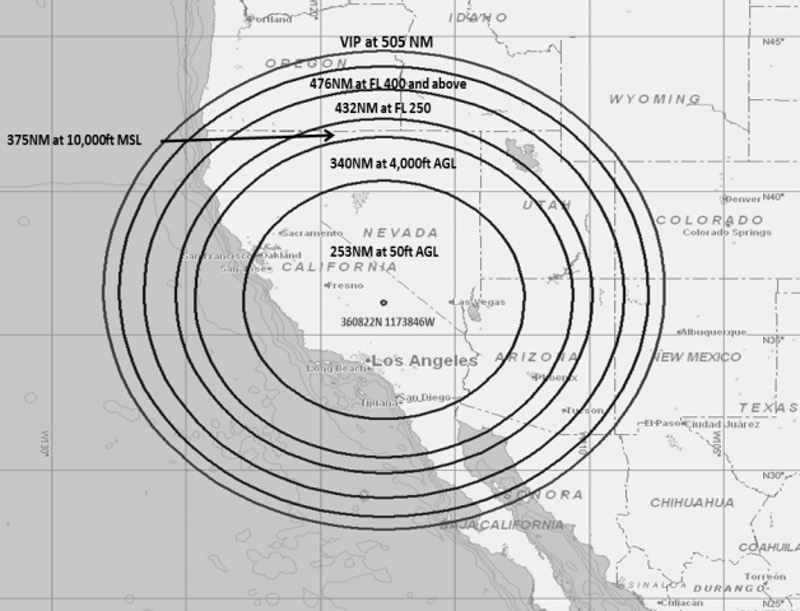 Mapa publicado por la FAA que muestra la interferencia del sistema GPS que se producirá a diferentes altitudes este mes (FAA)
